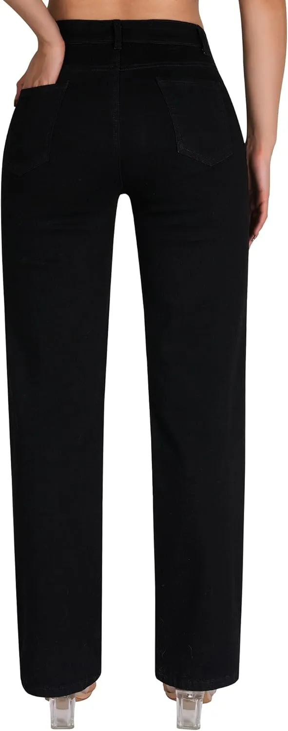 roswear Women's Casual Straight Leg Mid Rise Stretchy Trendy Denim Jeans