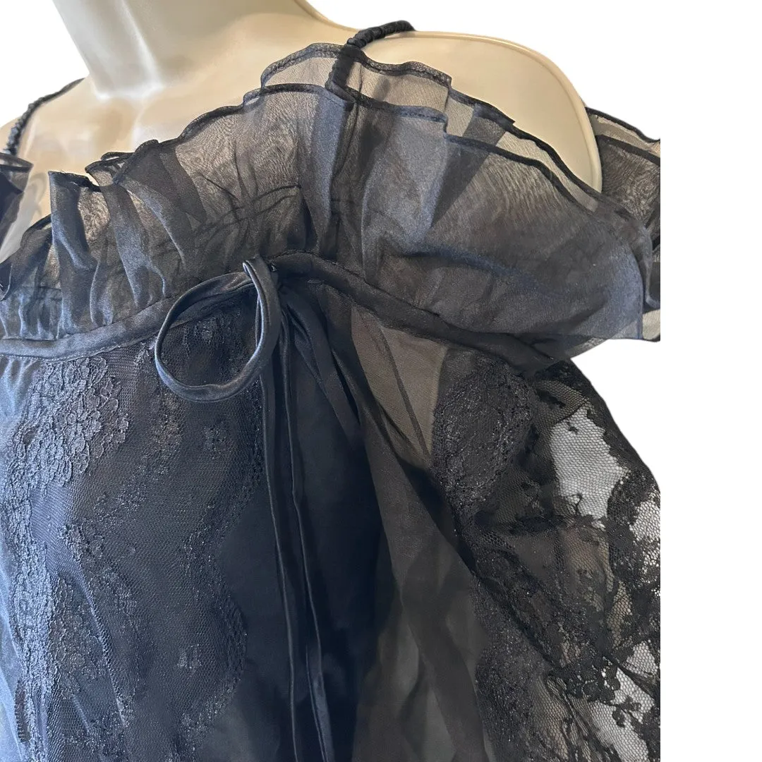 Sheer Black Lace Off-Shoulder Ruffle Blouse Romantic Evening Top