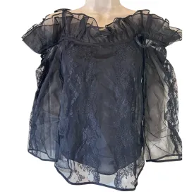 Sheer Black Lace Off-Shoulder Ruffle Blouse Romantic Evening Top