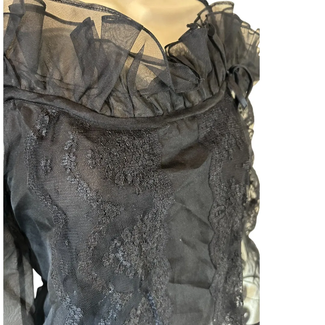 Sheer Black Lace Off-Shoulder Ruffle Blouse Romantic Evening Top