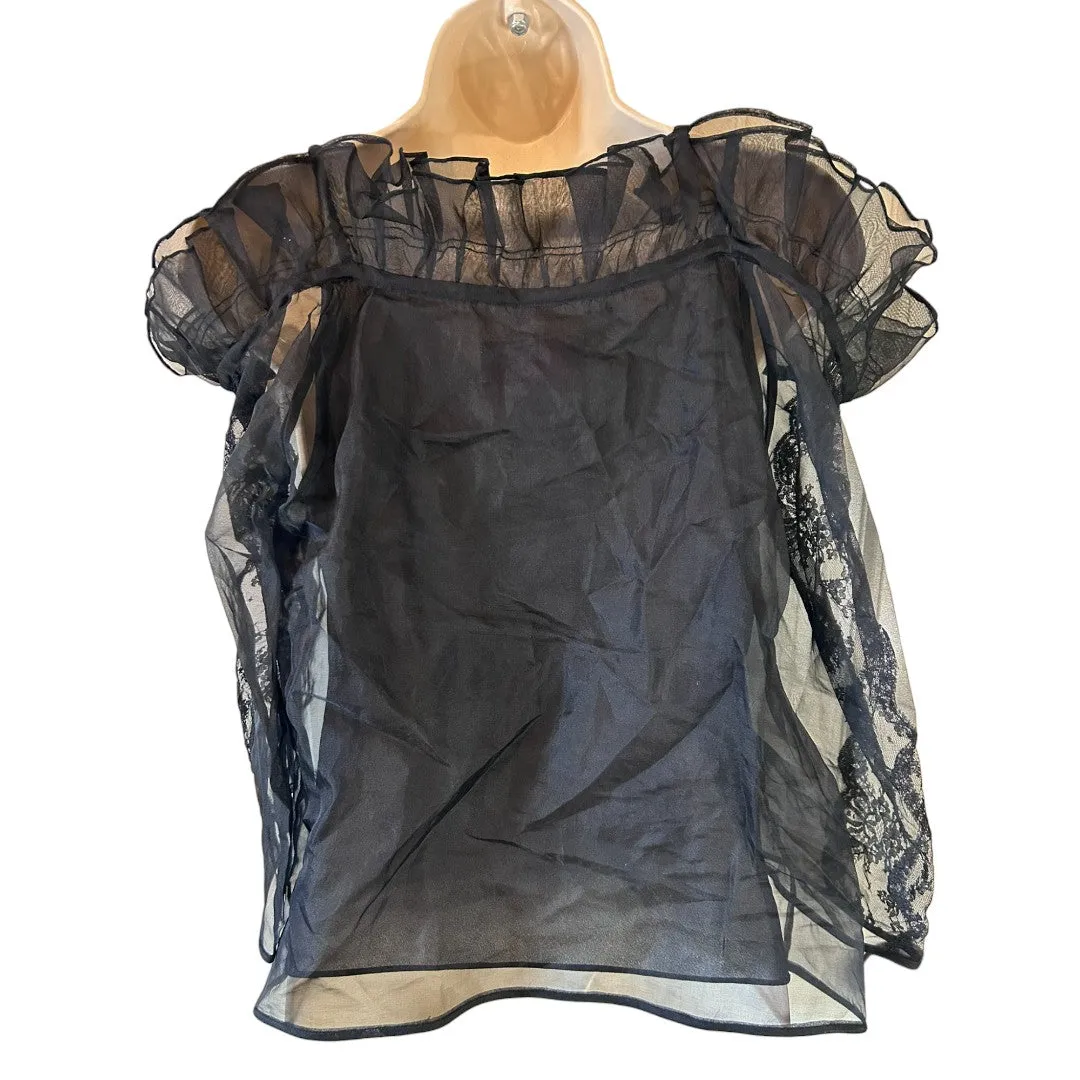 Sheer Black Lace Off-Shoulder Ruffle Blouse Romantic Evening Top