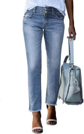 Sidefeel Womens Jeans High Waisted Strechy Raw Hem Straight Leg Denim Pants with Pockets