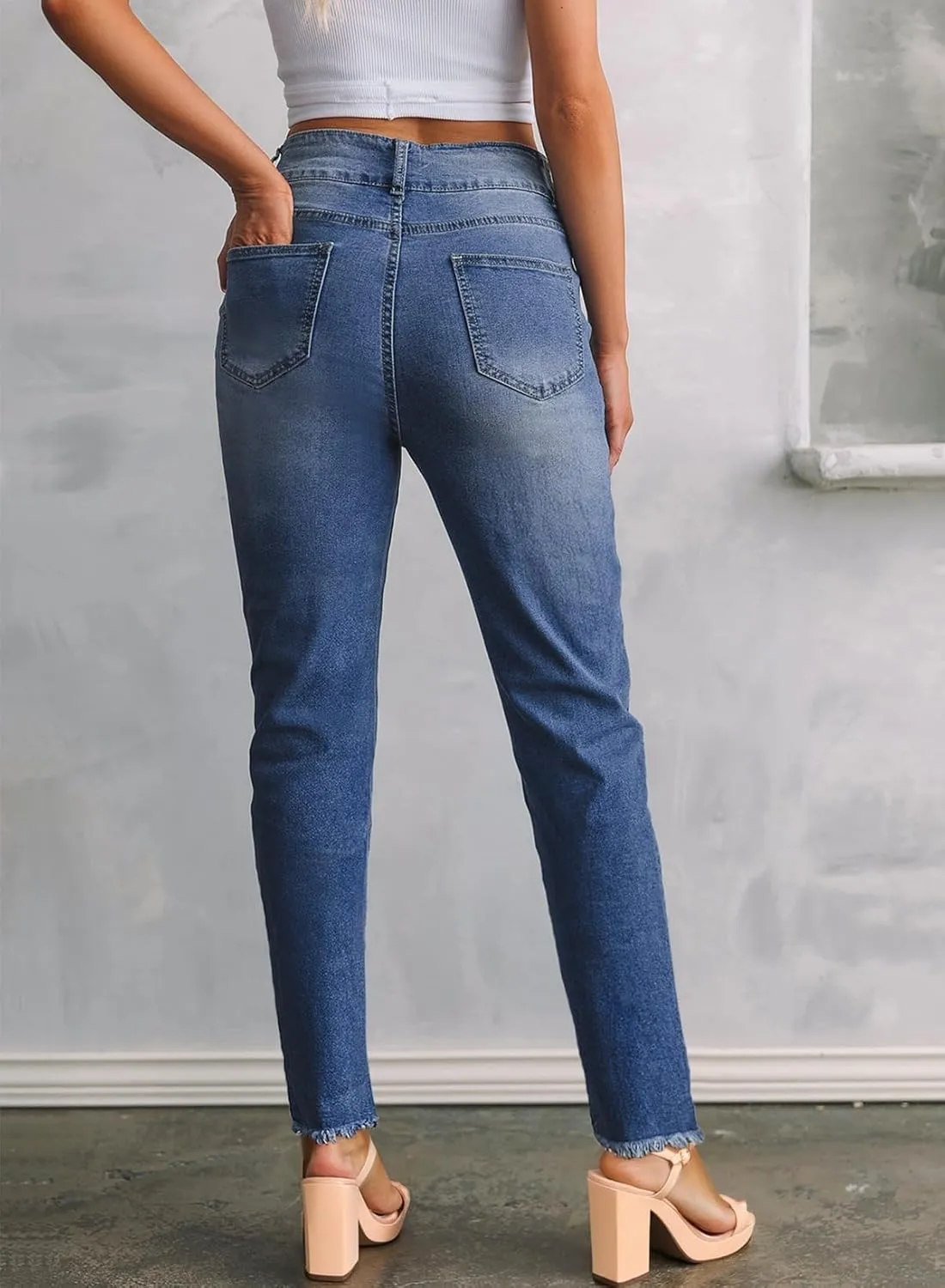 Sidefeel Womens Jeans High Waisted Strechy Raw Hem Straight Leg Denim Pants with Pockets