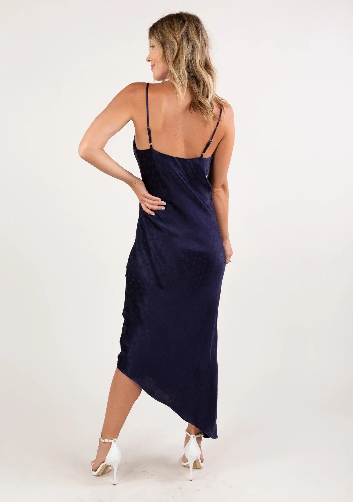 Silky Dot Asymmetrical Slip Dress