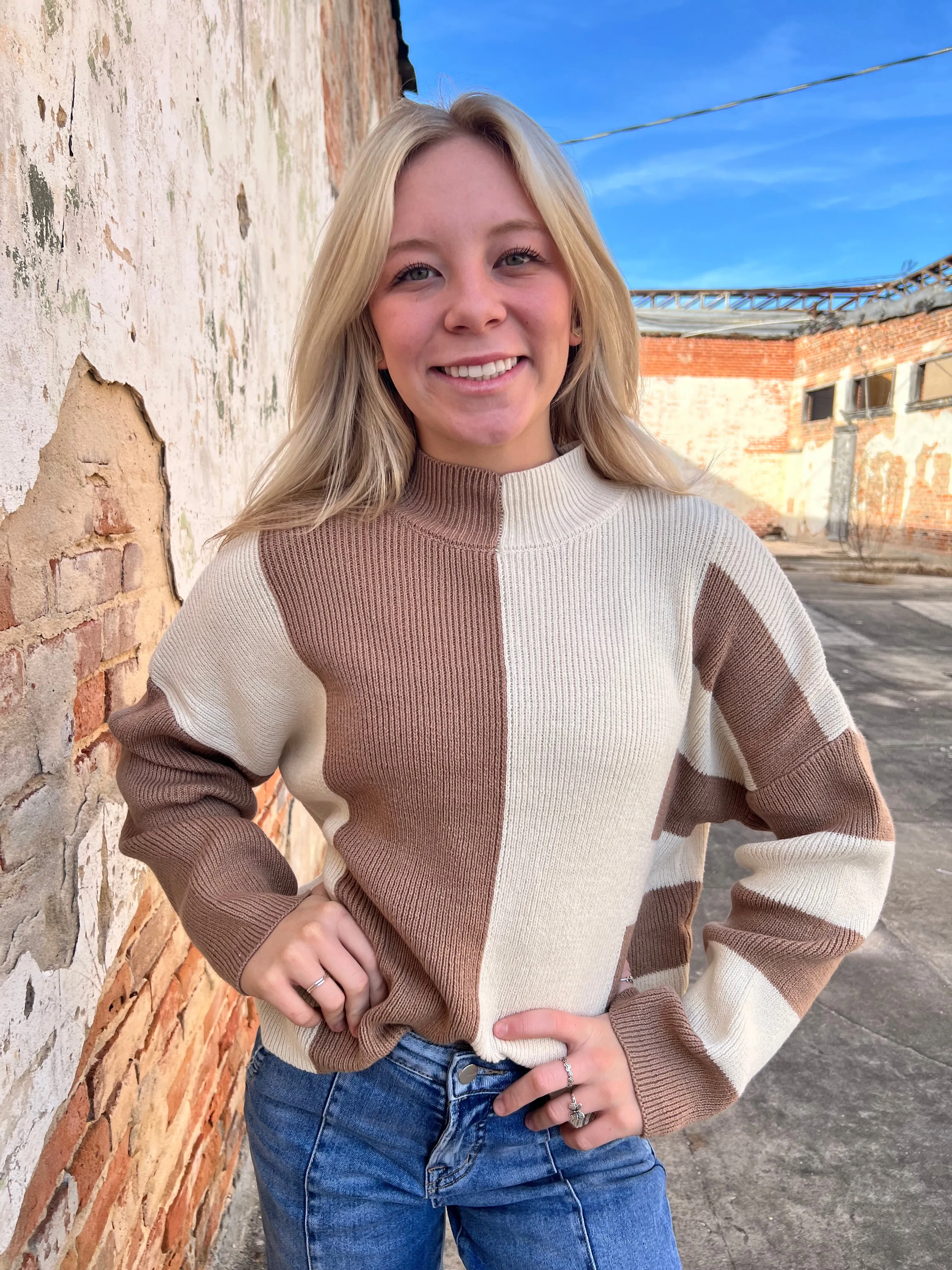 Simone Stripe Colorblock Mock Neck Sweater