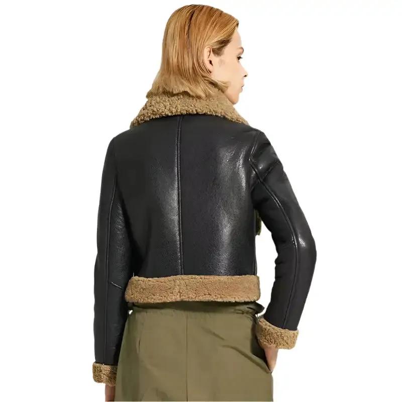 Stylish Women's Black Leather Jacket with Brown Shearling Collar - Chic & Cozy