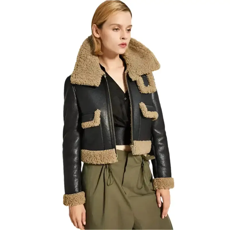 Stylish Women's Black Leather Jacket with Brown Shearling Collar - Chic & Cozy