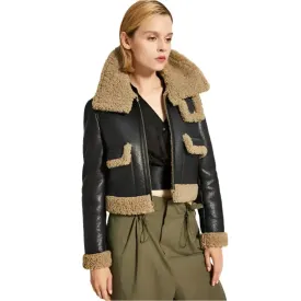 Stylish Women's Black Leather Jacket with Brown Shearling Collar - Chic & Cozy