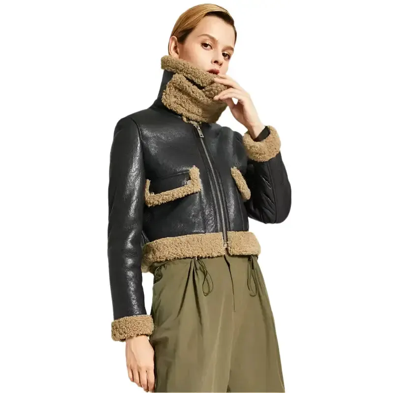 Stylish Women's Black Leather Jacket with Brown Shearling Collar - Chic & Cozy