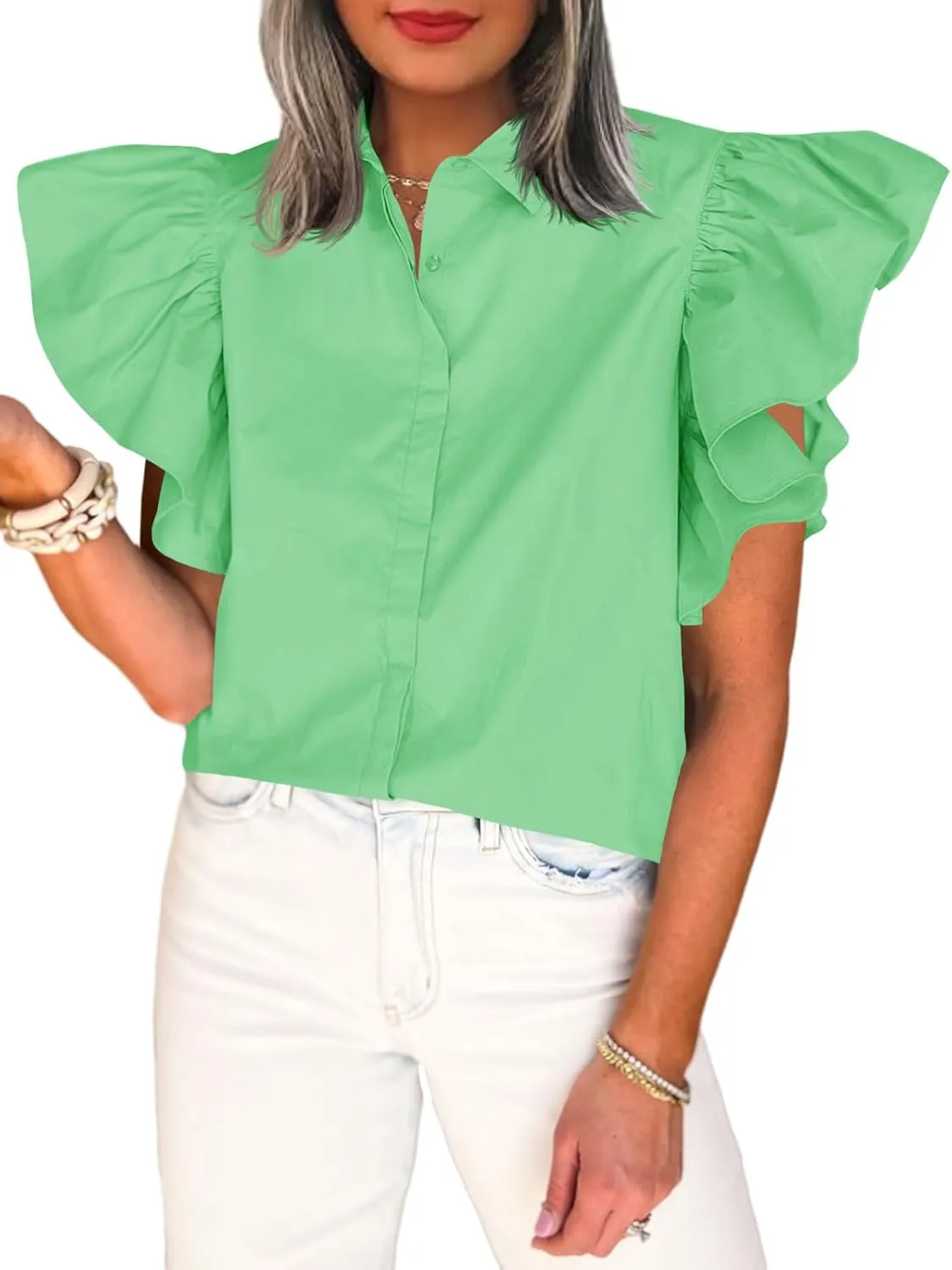 Tankaneo Womens Ruffle Button Down Shirts Cute Summer Short Sleeve Tops Blouse