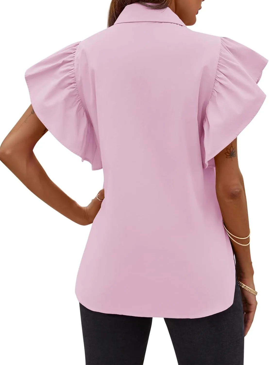 Tankaneo Womens Ruffle Button Down Shirts Cute Summer Short Sleeve Tops Blouse