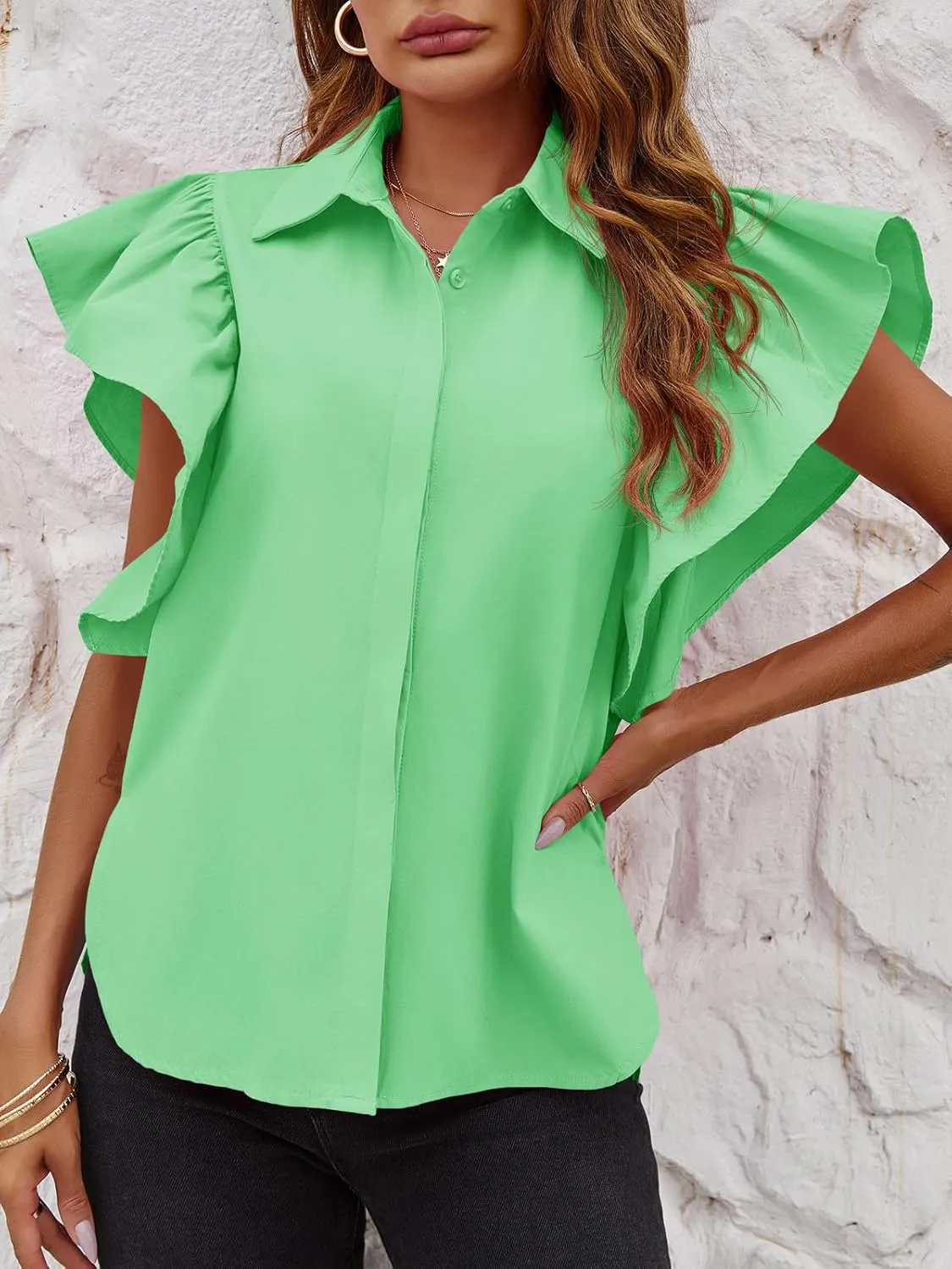 Tankaneo Womens Ruffle Button Down Shirts Cute Summer Short Sleeve Tops Blouse
