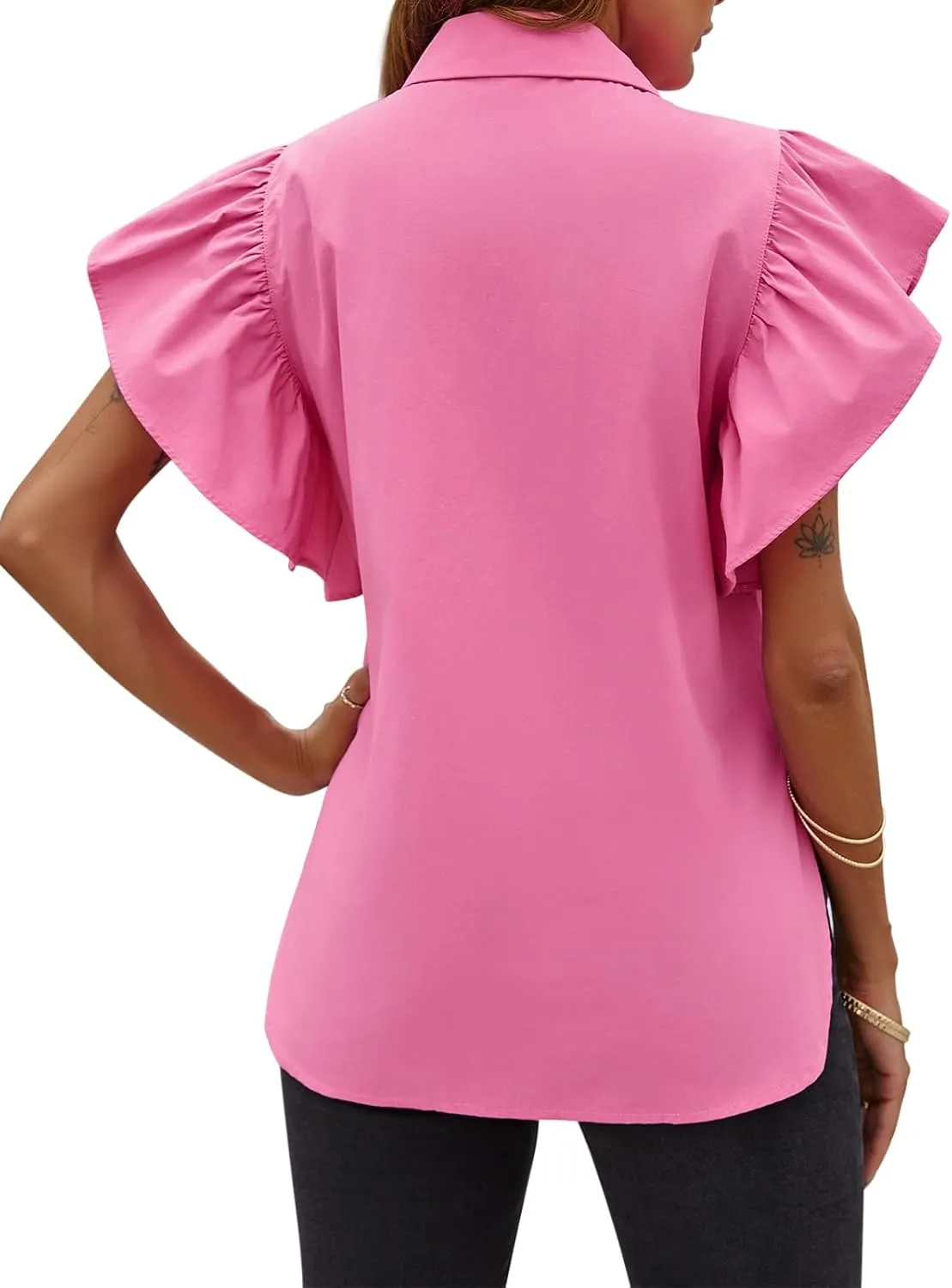 Tankaneo Womens Ruffle Button Down Shirts Cute Summer Short Sleeve Tops Blouse