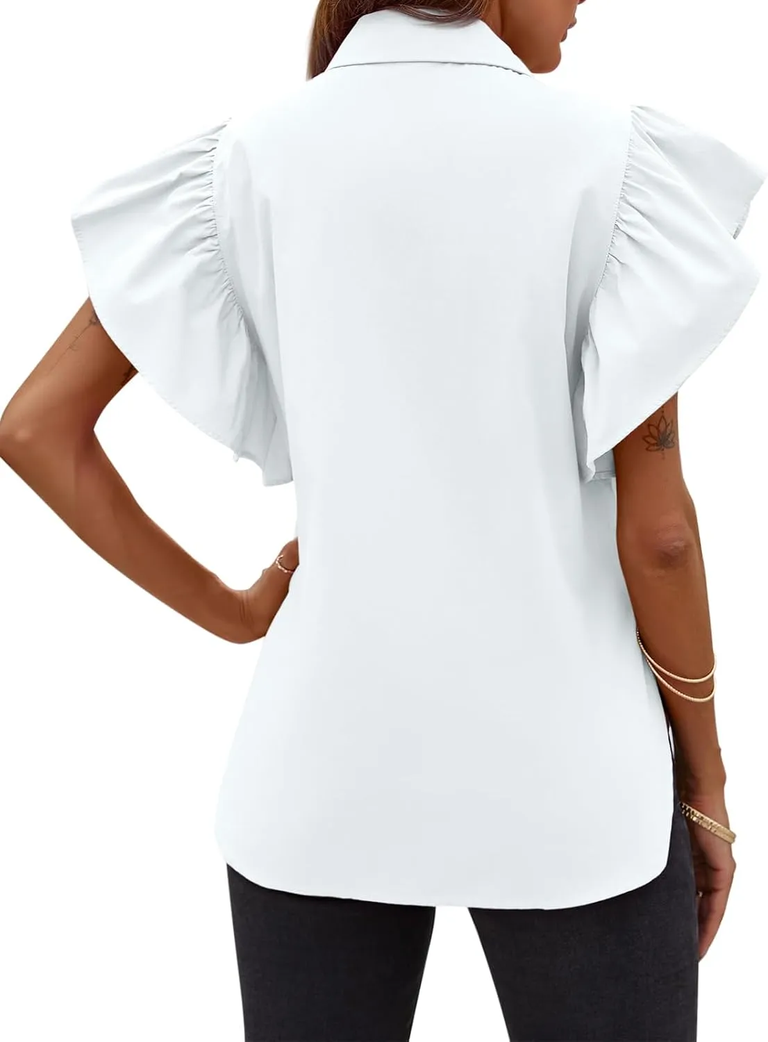 Tankaneo Womens Ruffle Button Down Shirts Cute Summer Short Sleeve Tops Blouse