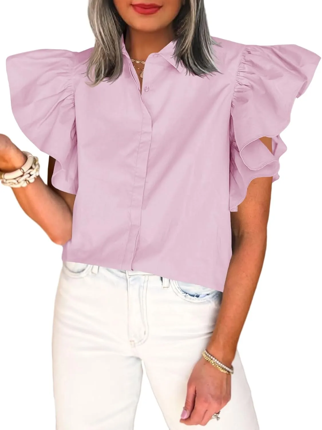 Tankaneo Womens Ruffle Button Down Shirts Cute Summer Short Sleeve Tops Blouse