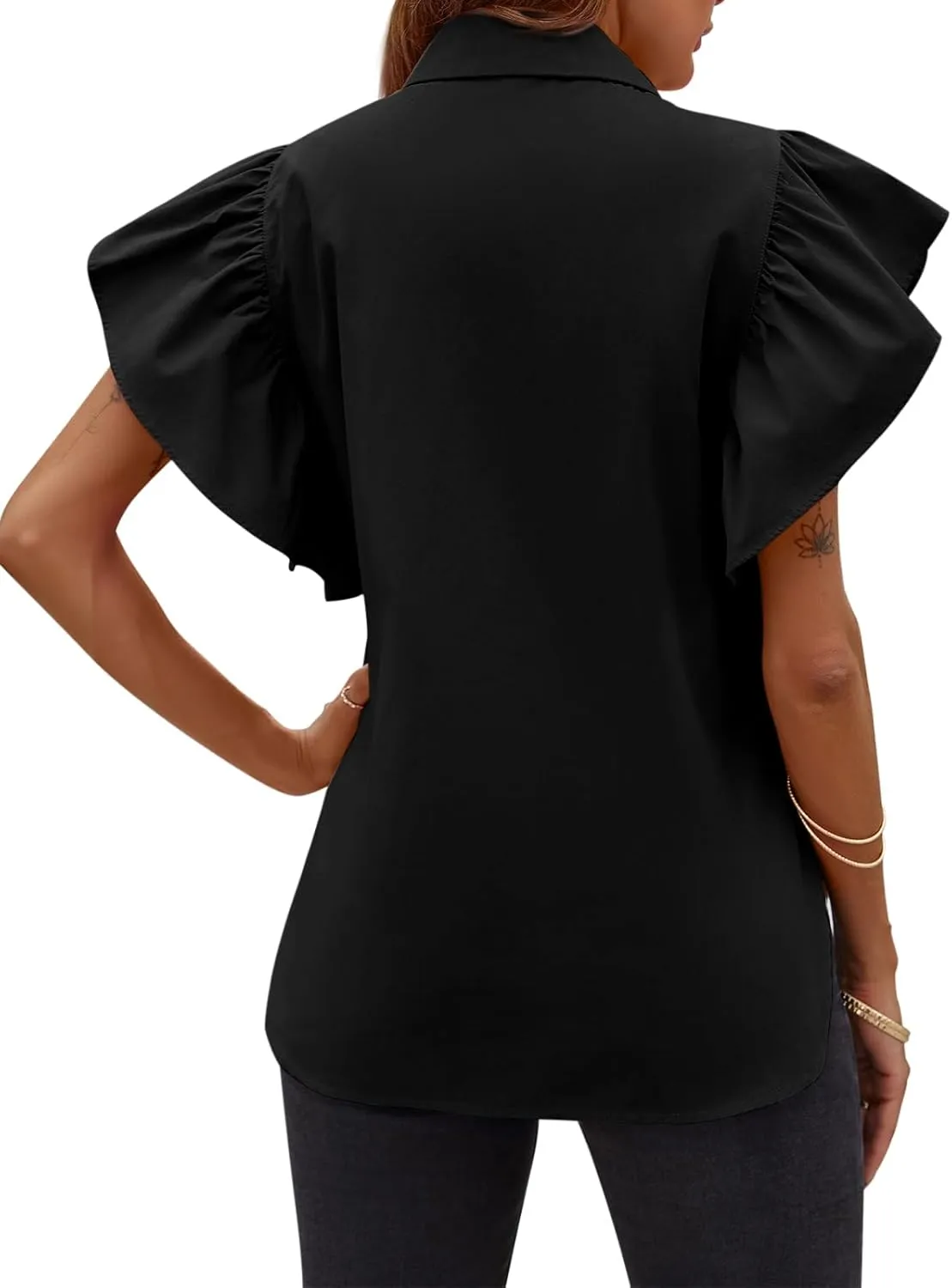 Tankaneo Womens Ruffle Button Down Shirts Cute Summer Short Sleeve Tops Blouse