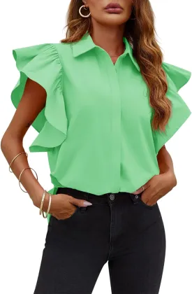 Tankaneo Womens Ruffle Button Down Shirts Cute Summer Short Sleeve Tops Blouse