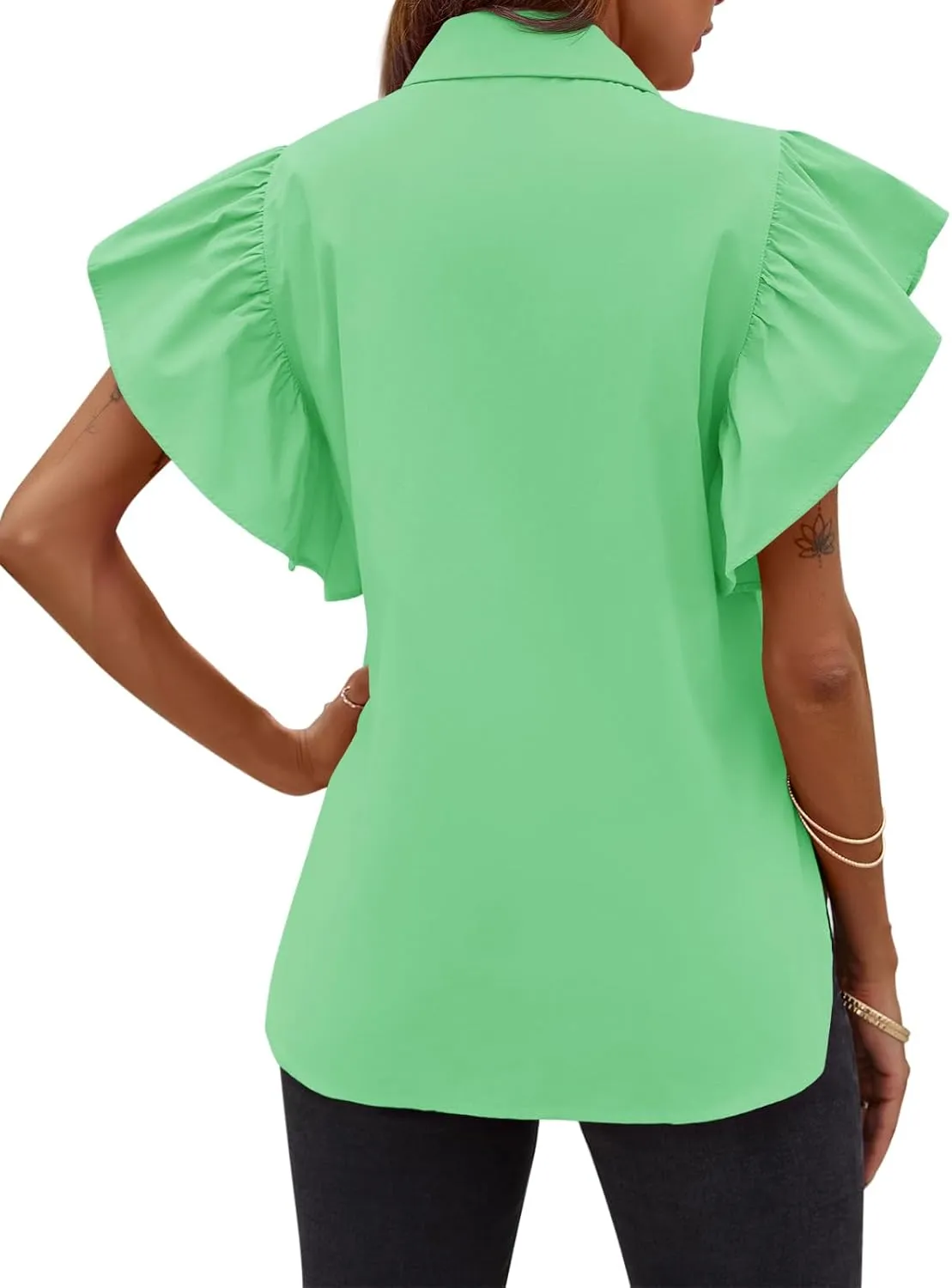 Tankaneo Womens Ruffle Button Down Shirts Cute Summer Short Sleeve Tops Blouse