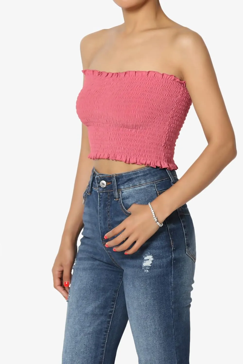 TheMogan Strapless Smocked Crop Tube Top Frill Shirred Stretch Bustier Bandeau