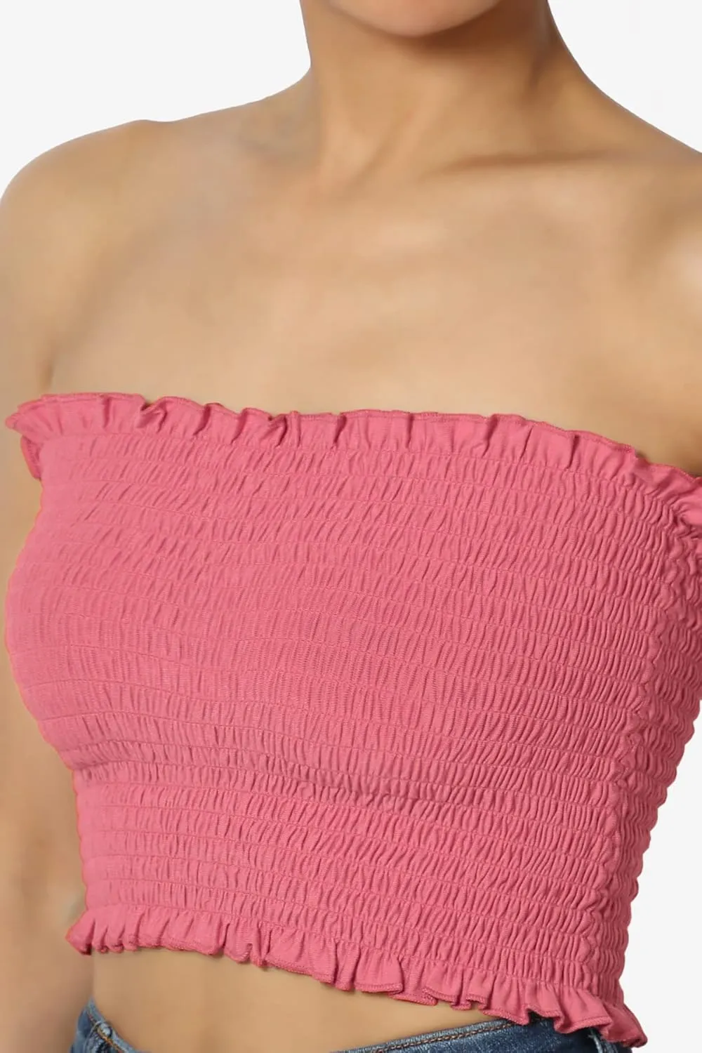 TheMogan Strapless Smocked Crop Tube Top Frill Shirred Stretch Bustier Bandeau