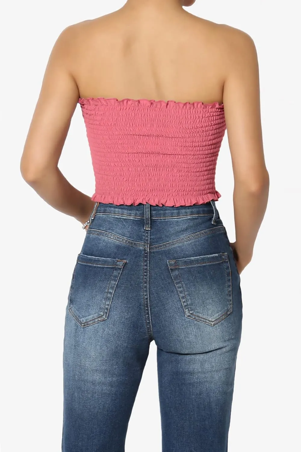 TheMogan Strapless Smocked Crop Tube Top Frill Shirred Stretch Bustier Bandeau