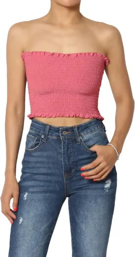TheMogan Strapless Smocked Crop Tube Top Frill Shirred Stretch Bustier Bandeau