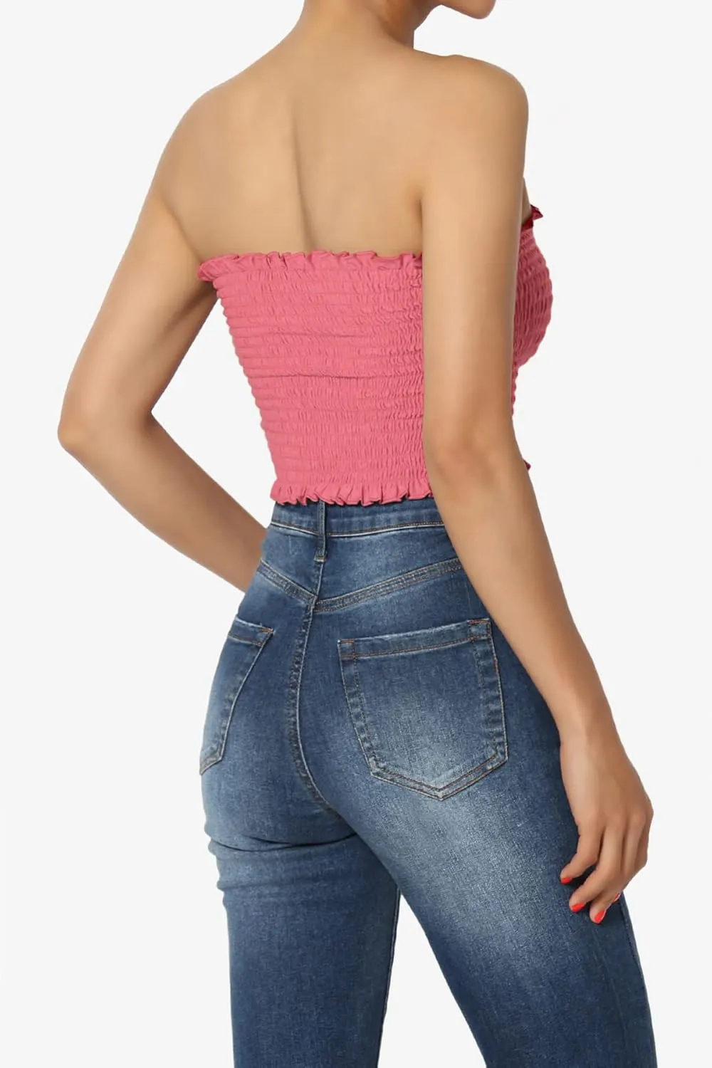 TheMogan Strapless Smocked Crop Tube Top Frill Shirred Stretch Bustier Bandeau