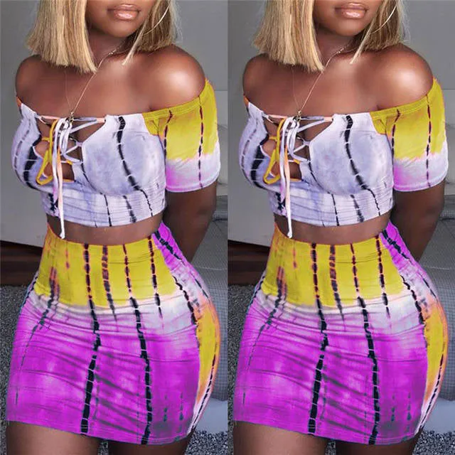 Trendy tie dye off the shoulder crop top mini skirt set