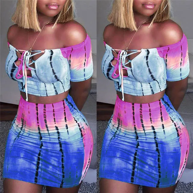 Trendy tie dye off the shoulder crop top mini skirt set