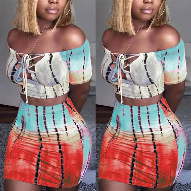 Trendy tie dye off the shoulder crop top mini skirt set