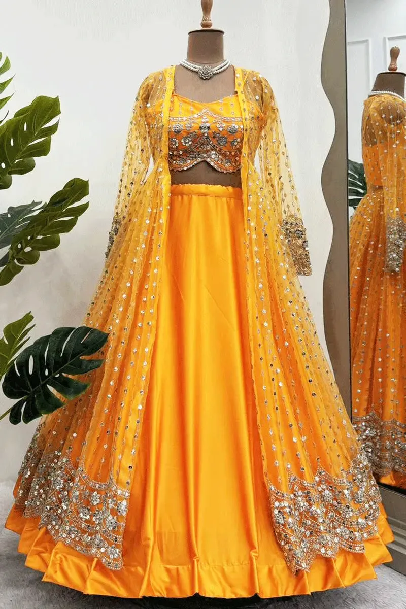 Trendy Yellow Crop Top Lehenga With Shrug 2024