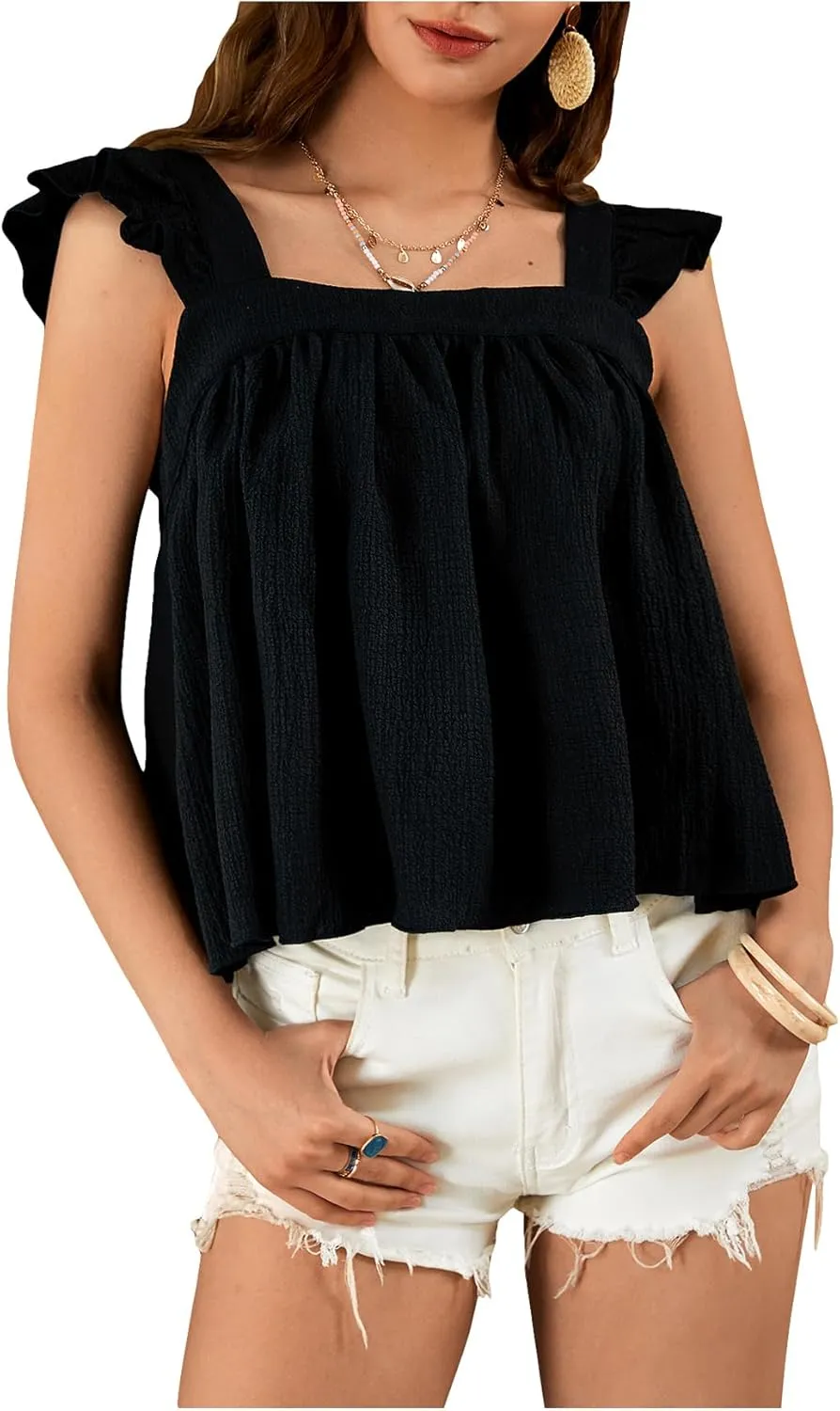 Verdusa Women's Square Neck Cap Sleeve Tops Ruffle Trim Casual Blouse