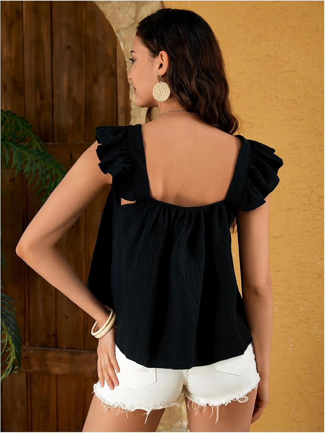 Verdusa Women's Square Neck Cap Sleeve Tops Ruffle Trim Casual Blouse