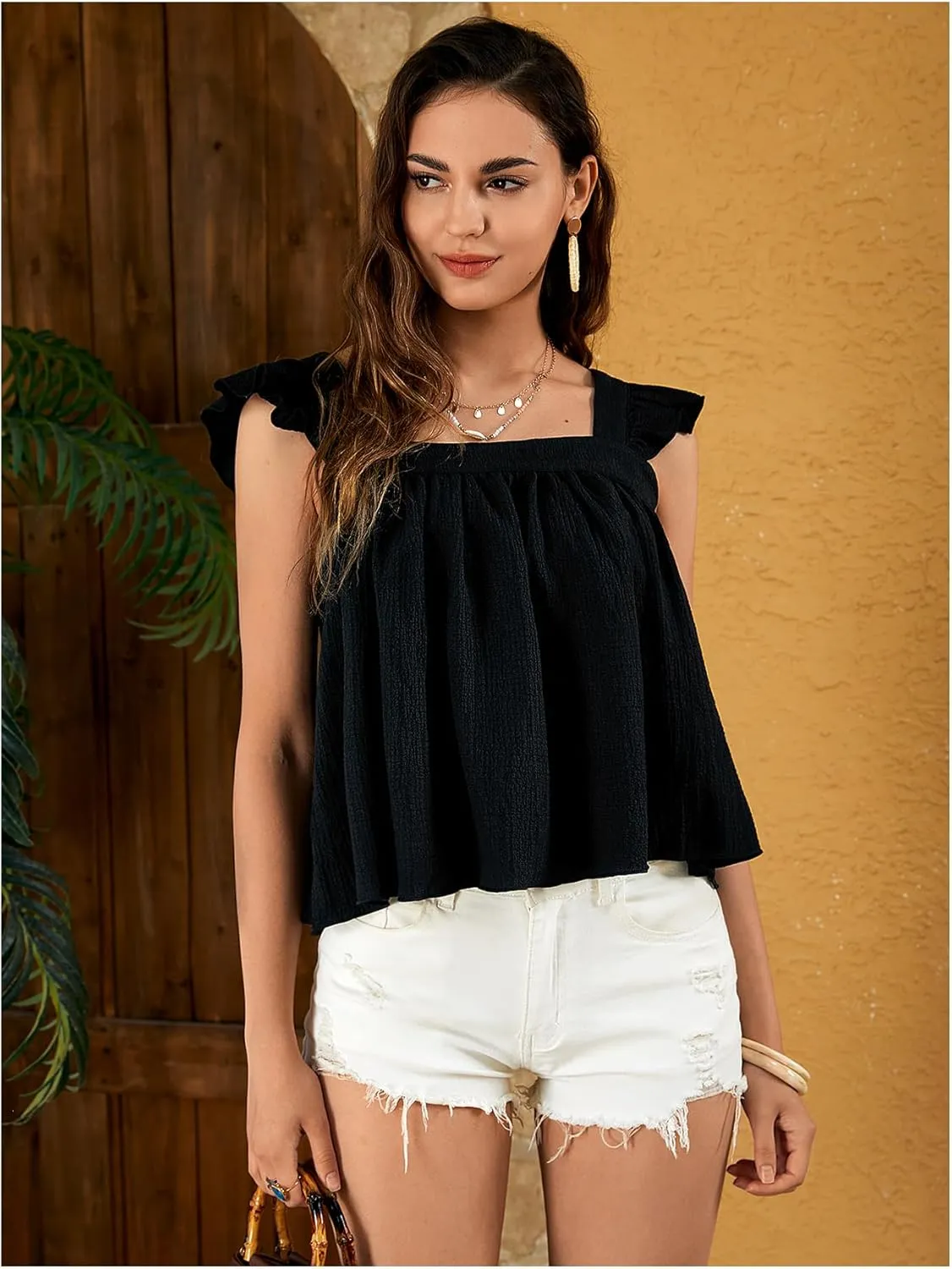 Verdusa Women's Square Neck Cap Sleeve Tops Ruffle Trim Casual Blouse