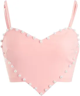 WDIRARA Women's Pearls Sleeveless Asymmetrical Hem Heart Crop Cami Top Sexy Camisole