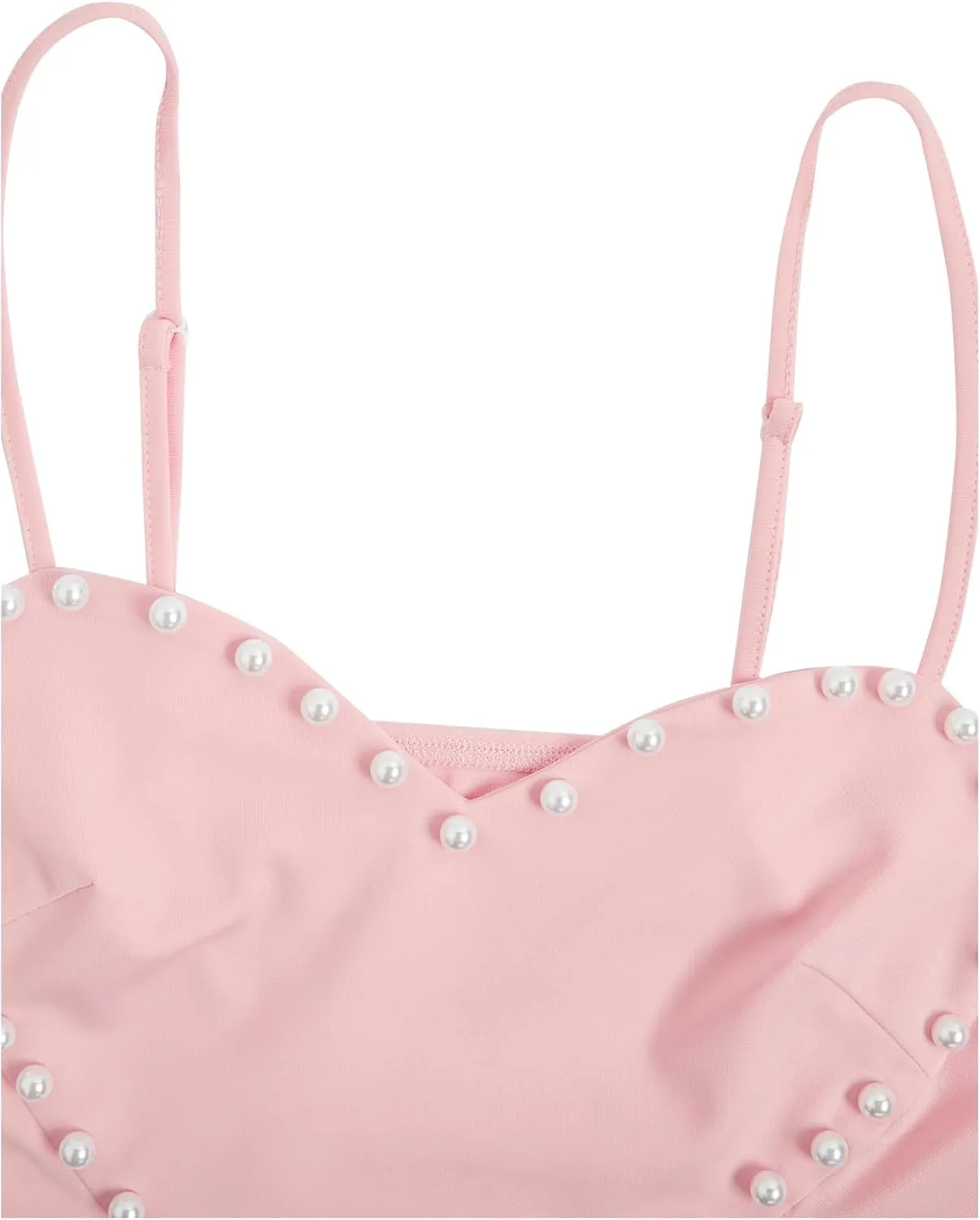 WDIRARA Women's Pearls Sleeveless Asymmetrical Hem Heart Crop Cami Top Sexy Camisole