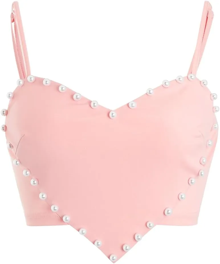 WDIRARA Women's Pearls Sleeveless Asymmetrical Hem Heart Crop Cami Top Sexy Camisole