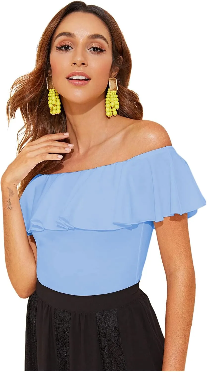 WDIRARA Women's Stretchy Off Shoulder Flounce Sleeve Sexy Slim Blouse Tops Shirt