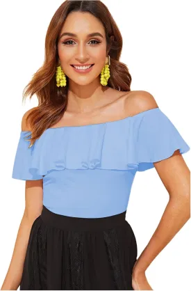 WDIRARA Women's Stretchy Off Shoulder Flounce Sleeve Sexy Slim Blouse Tops Shirt
