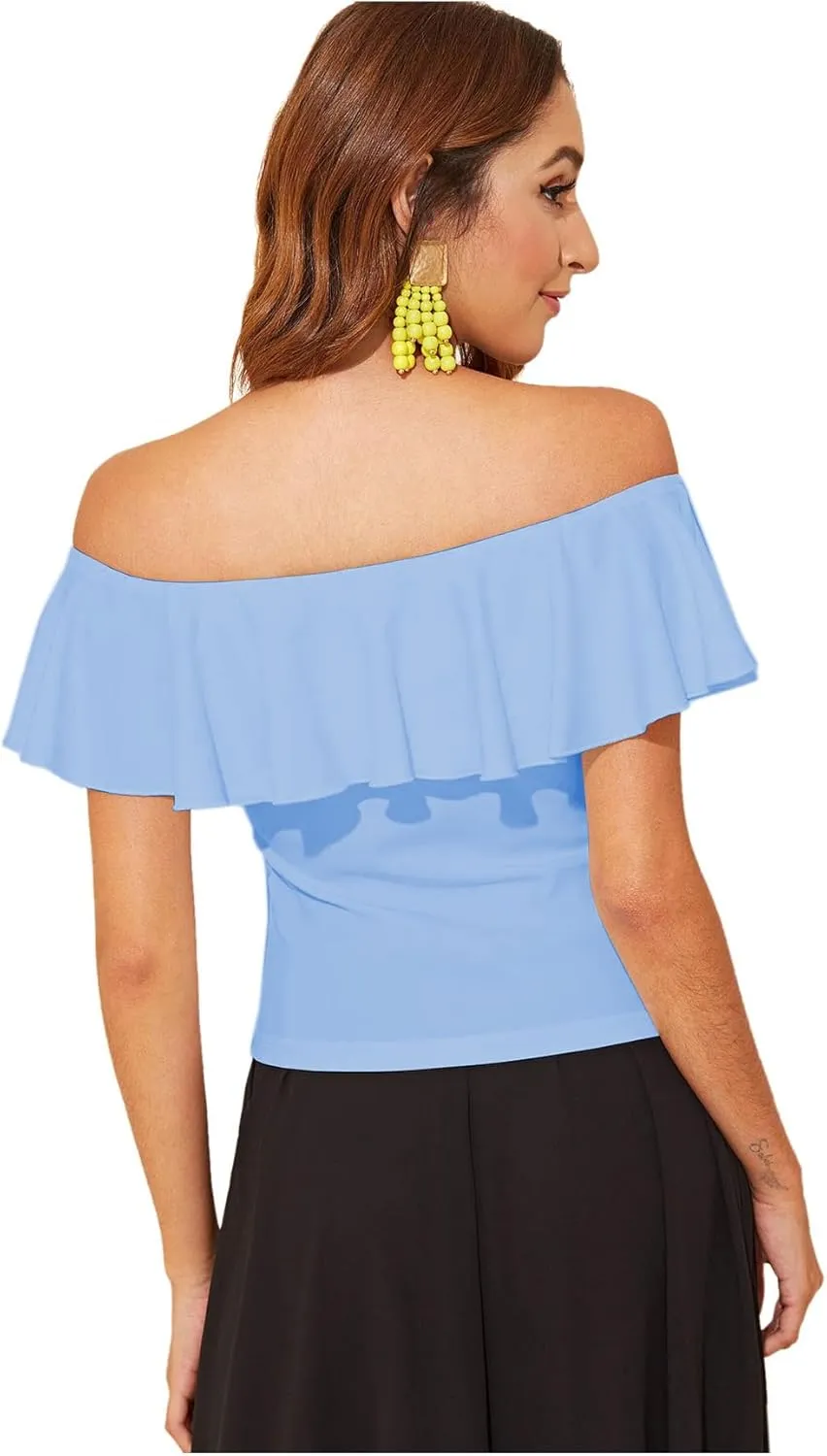 WDIRARA Women's Stretchy Off Shoulder Flounce Sleeve Sexy Slim Blouse Tops Shirt