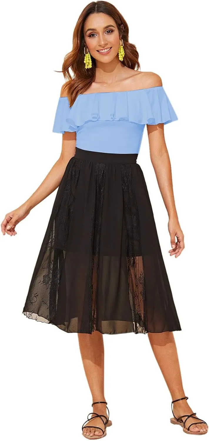 WDIRARA Women's Stretchy Off Shoulder Flounce Sleeve Sexy Slim Blouse Tops Shirt