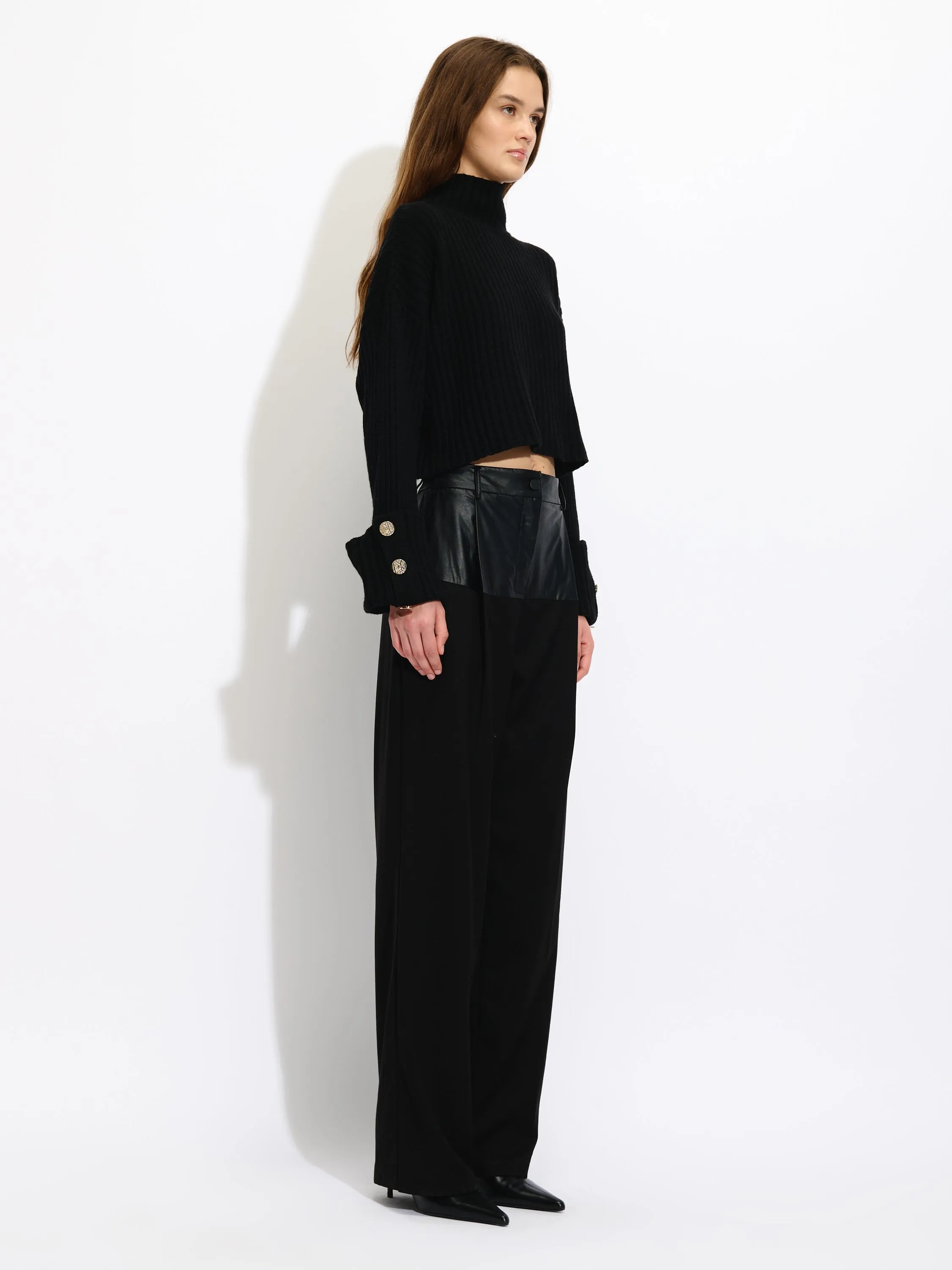 Wide-leg trousers with faux leather details