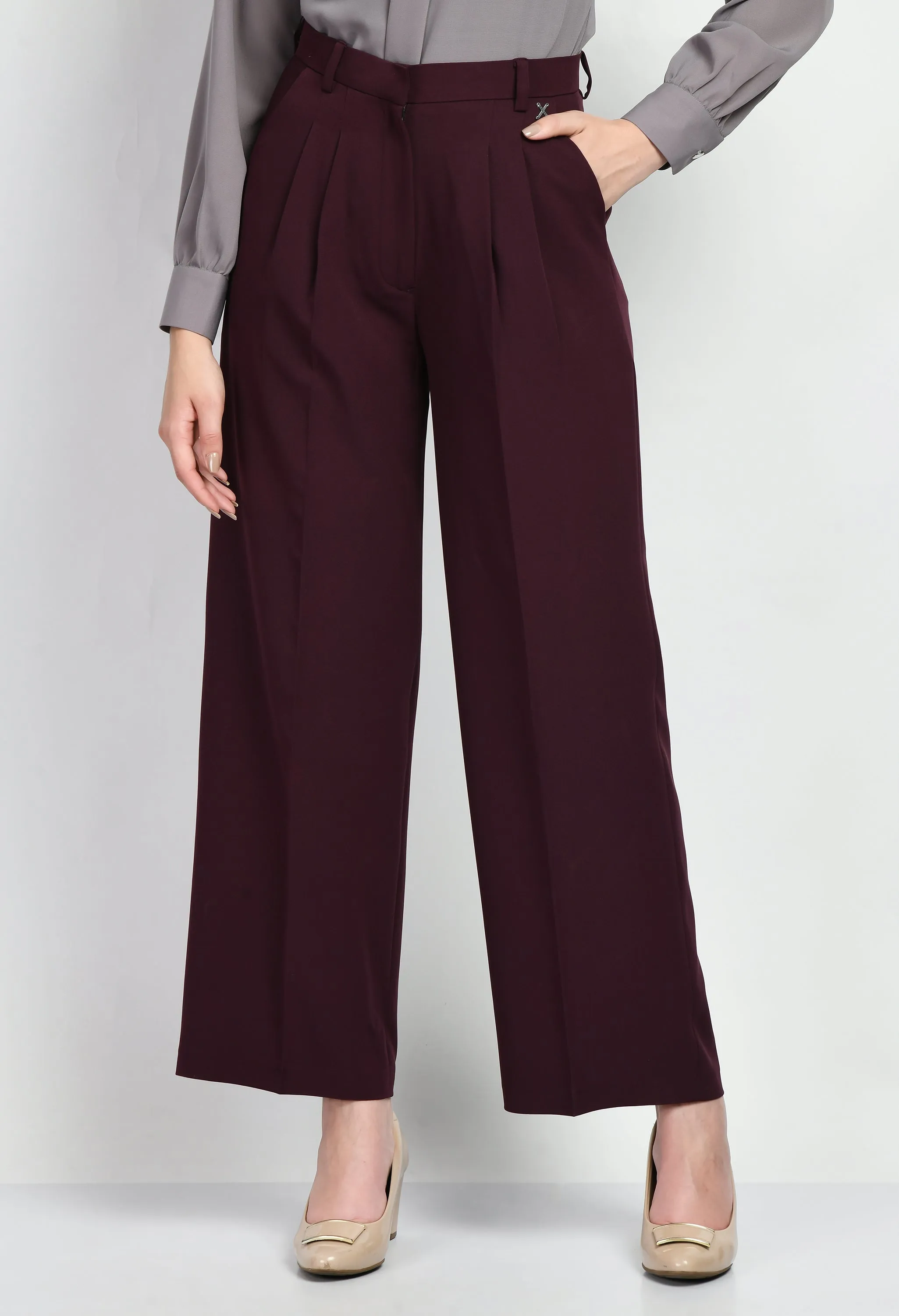 Wine Cotton Blend Influence Solid Wide Leg Trouser Only