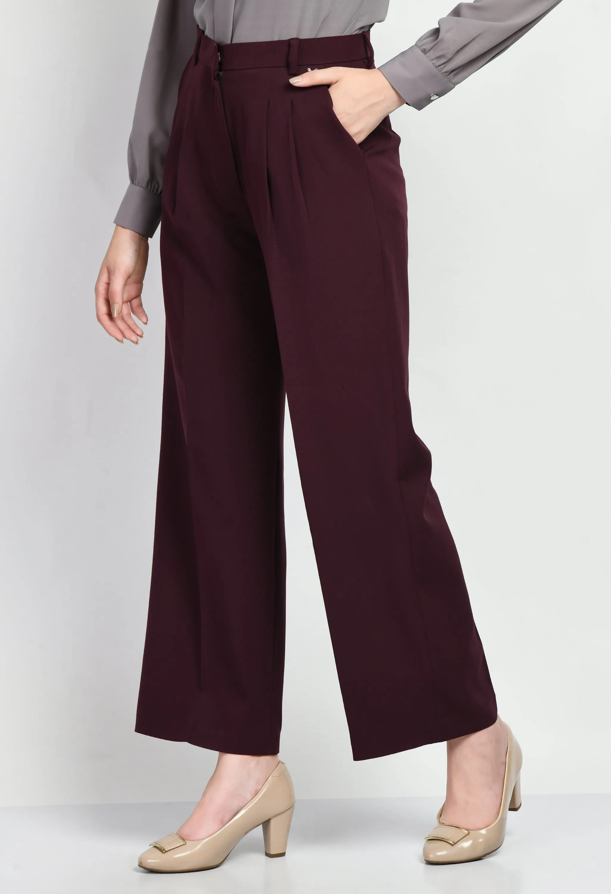 Wine Cotton Blend Influence Solid Wide Leg Trouser Only