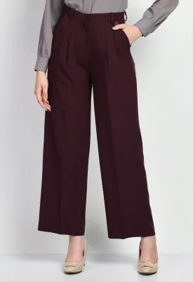 Wine Cotton Blend Influence Solid Wide Leg Trouser Only