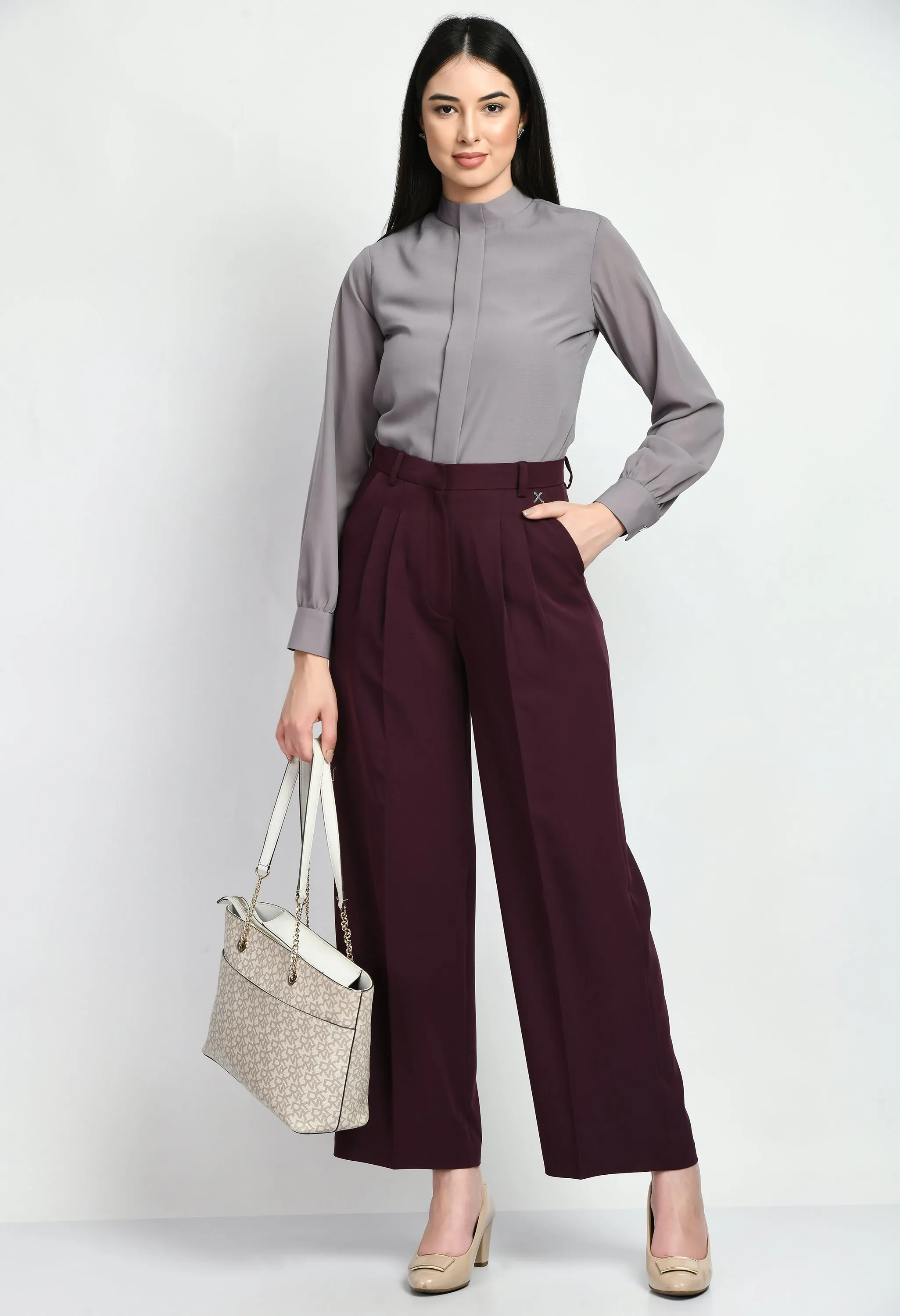 Wine Cotton Blend Influence Solid Wide Leg Trouser Only