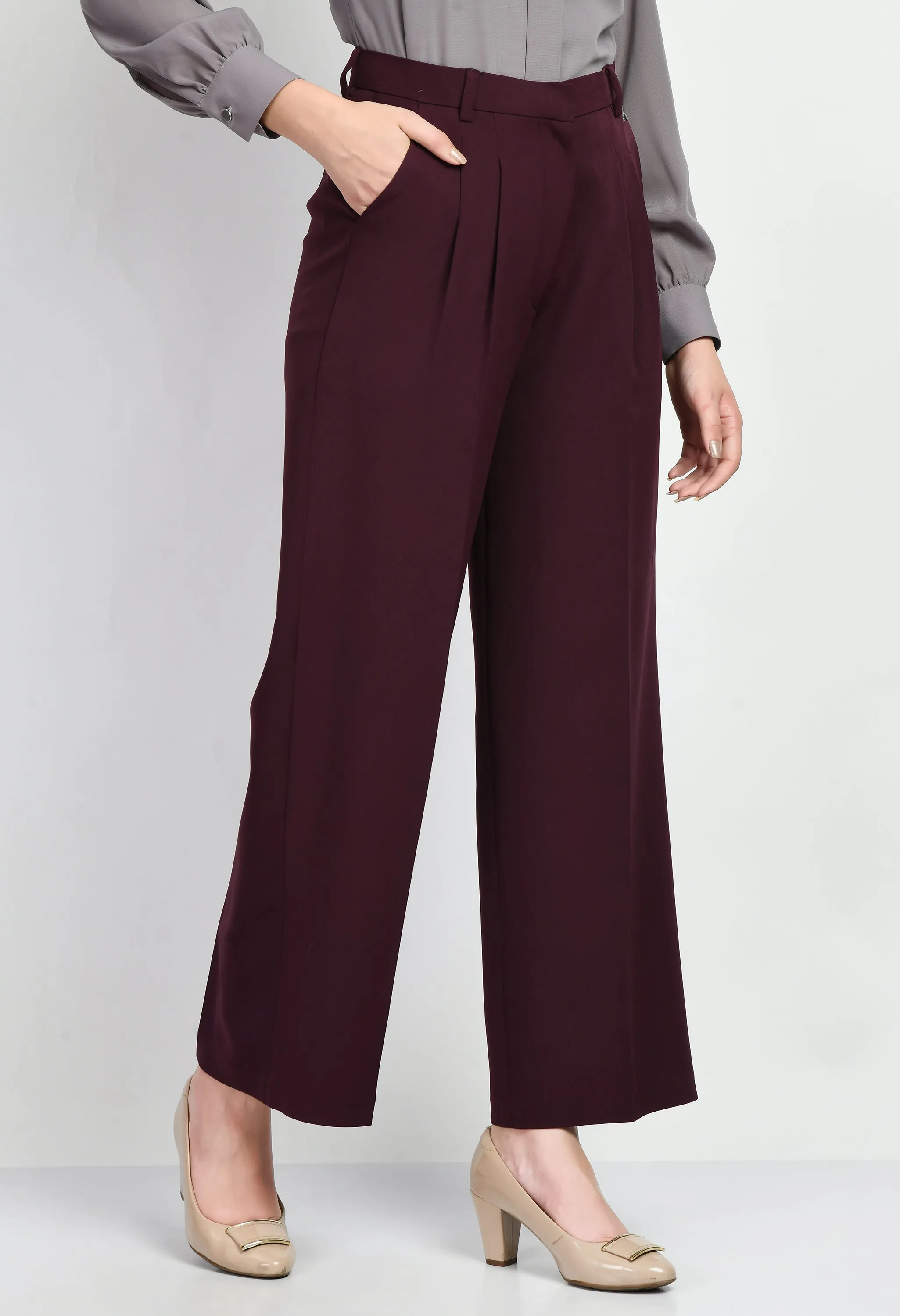 Wine Cotton Blend Influence Solid Wide Leg Trouser Only