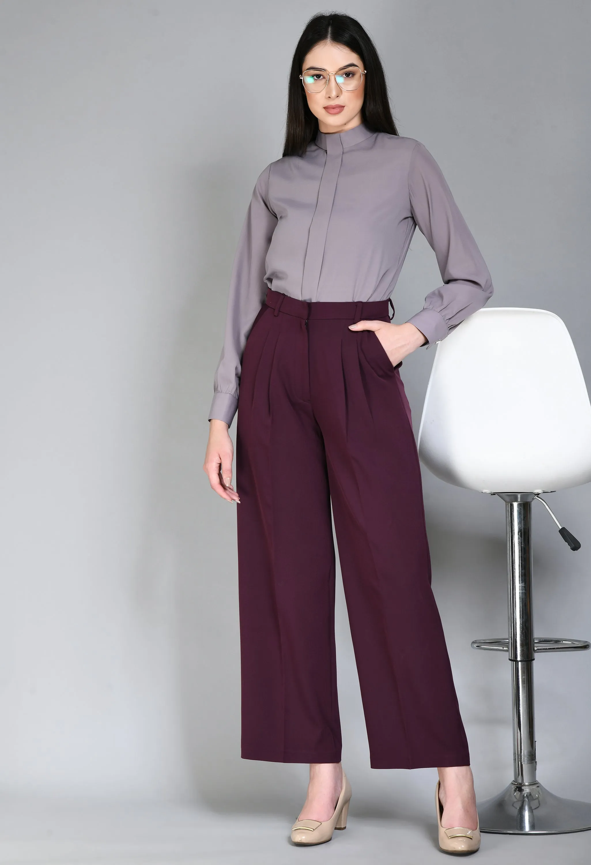Wine Cotton Blend Influence Solid Wide Leg Trouser Only