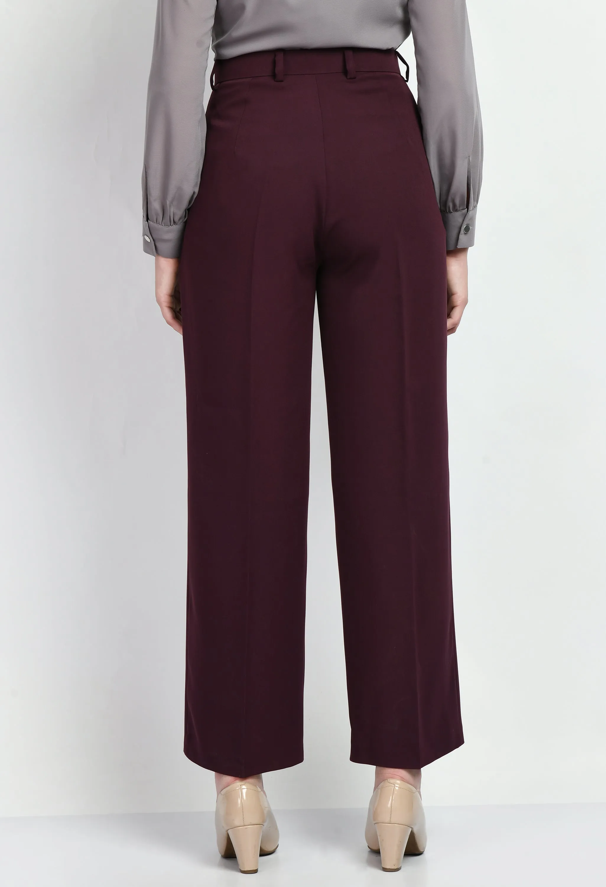 Wine Cotton Blend Influence Solid Wide Leg Trouser Only