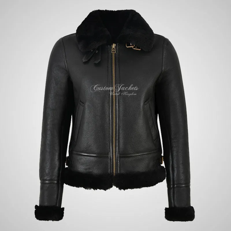 WINNIPEG Women's Shearling Jacket Sheepskin RAF Pilot Jacket Black